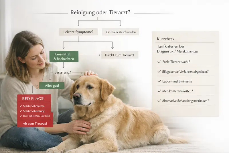 Infografik Entscheidungsbaum zur Abwägung zwischen Reinigung und Tierarztbesuch für Hunde mit Red-Flags und kurzen Tarifkriterien