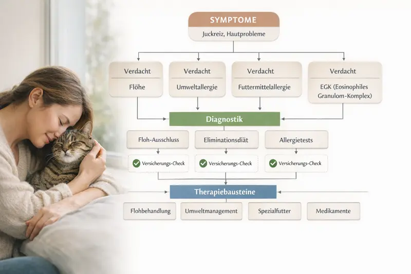 Entscheidungsbaum zur Diagnostik und Therapie von Symptomen bei Katzen mit Blick auf Versicherungsoptionen.