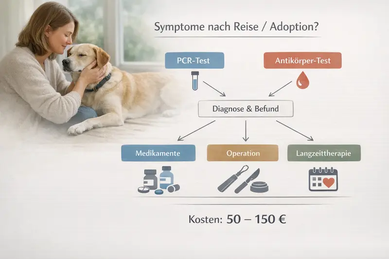 Entscheidungsbaum zu Symptomen nach Reise oder Adoption bei Hunden und möglichen Behandlungswegen.
