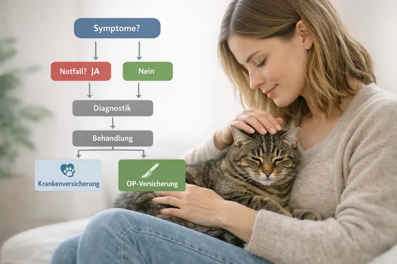 Infografik, die den Entscheidungsbaum von Katzensymptomen bis zur passenden Versicherung zeigt.