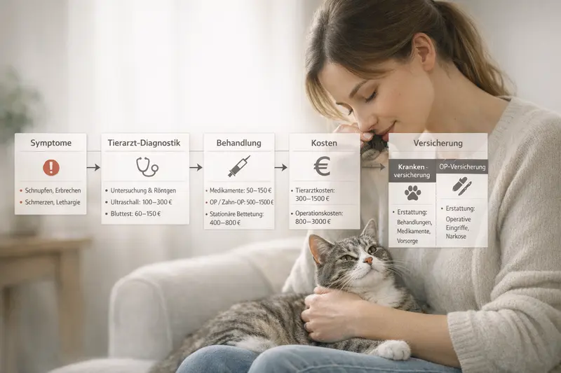 Entscheidungsbaum zur Tierarzt-Diagnostik bei Katzen-Symptomen mit Kosten und Versicherungsoptionen.