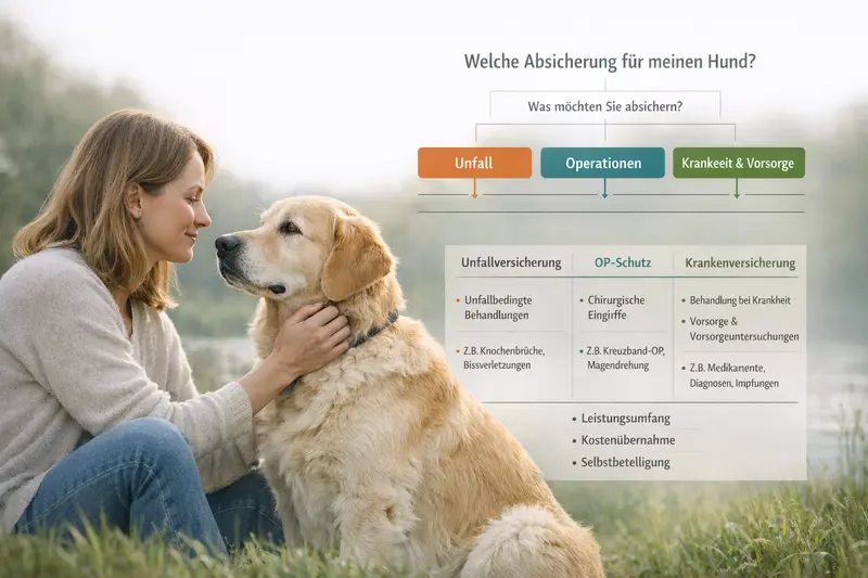 Entscheidungsbaum mit den verschiedenen Versicherungsoptionen für Hunde: Unfallversicherung, OP-Schutz und Krankenversicherung.
