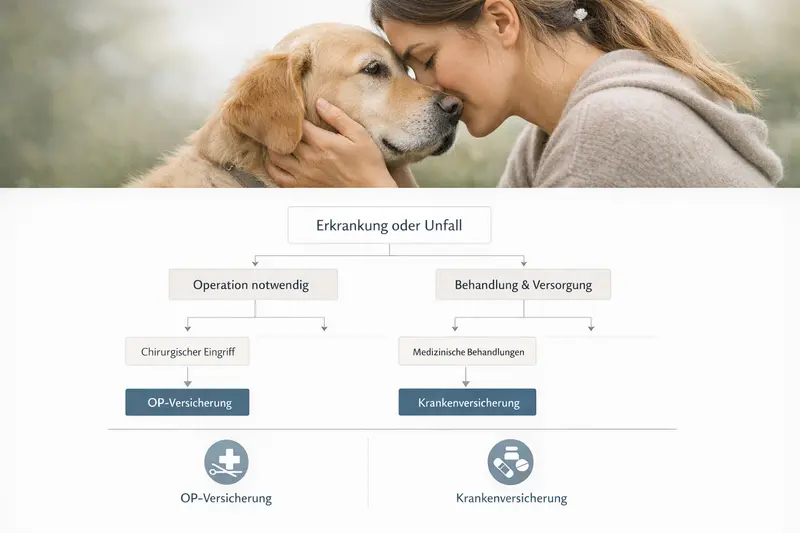 Infografik mit Entscheidungsbaum für Hundehalter zu Maßnahmen und Absicherungen bei verschiedenen Ursachen von gesundheitlichen Problemen.