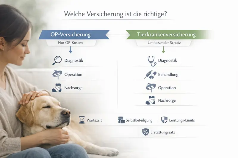 Infografik zum Entscheidungspfad zwischen OP-Versicherung und Tierkrankenversicherung für Hunde mit typischen Kostenfeldern.