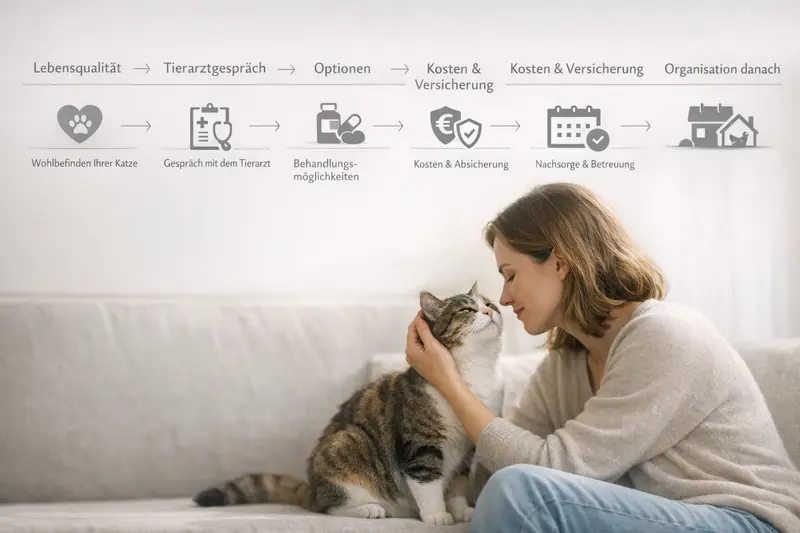 Entscheidungsweg zur Verbesserung der Lebensqualität von Katzen durch Tierarztgespräche und Versicherungsoptionen.