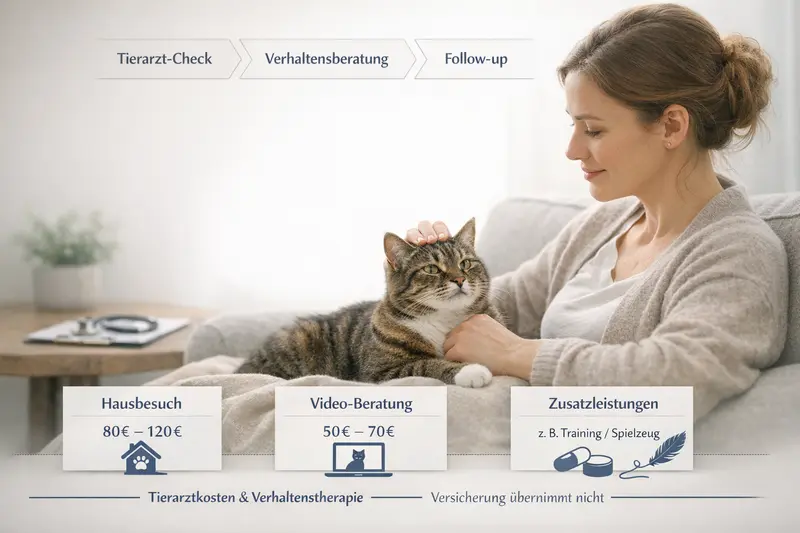 Entscheidungsweg für Katzenhalter zur Verhaltensberatung beim Tierarzt mit Kosteninformationen.