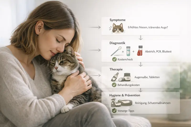 Infografik zum Entscheidungsweg bei Symptomen von Katzen, inklusive Diagnostik und Therapie.