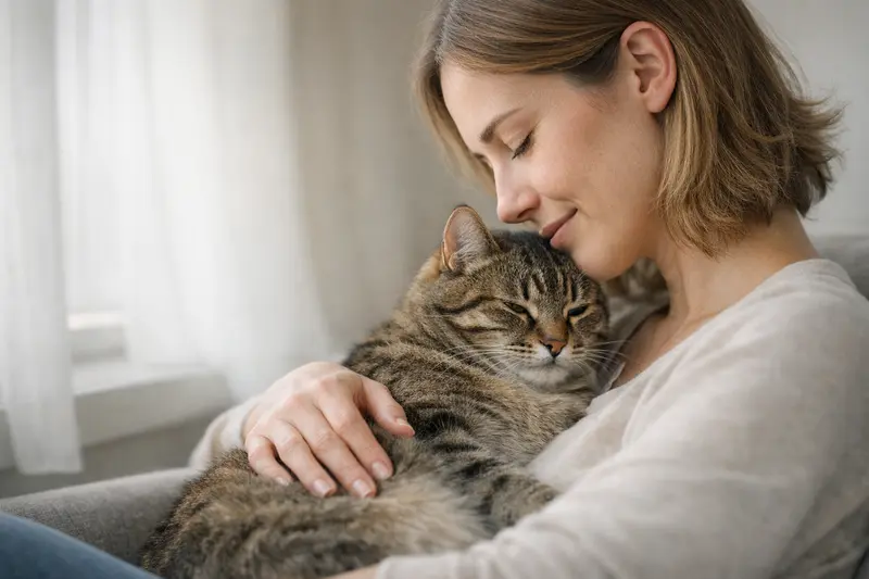 Infografik, die den Fellaufbau von Katzen zeigt, einschließlich Deckhaar und Unterwolle sowie passende Bürstentools.