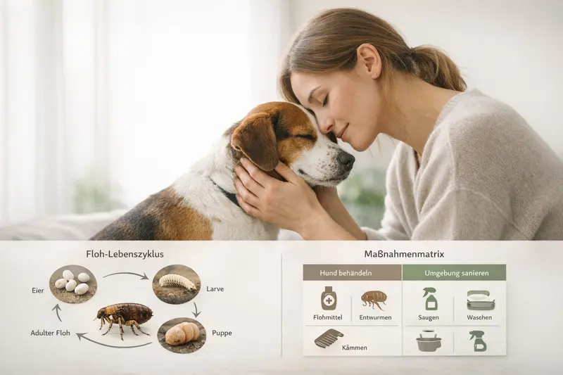 Infografik zeigt den Floh-Lebenszyklus vom Ei bis zum Floh sowie Maßnahmen zur Bekämpfung bei Hunden.