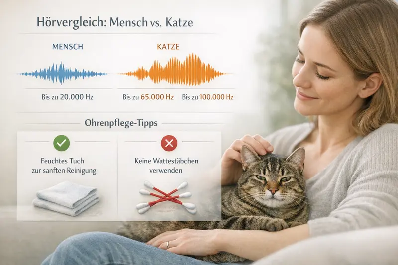 Infografik zum Frequenzvergleich von Menschen und Katzen sowie Tipps zur Ohrpflege