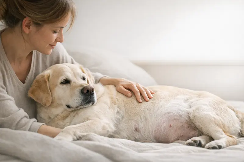 Infografik über die Geburtsphasen von Hunden mit Alarmzeichen und Zeitkorridoren.