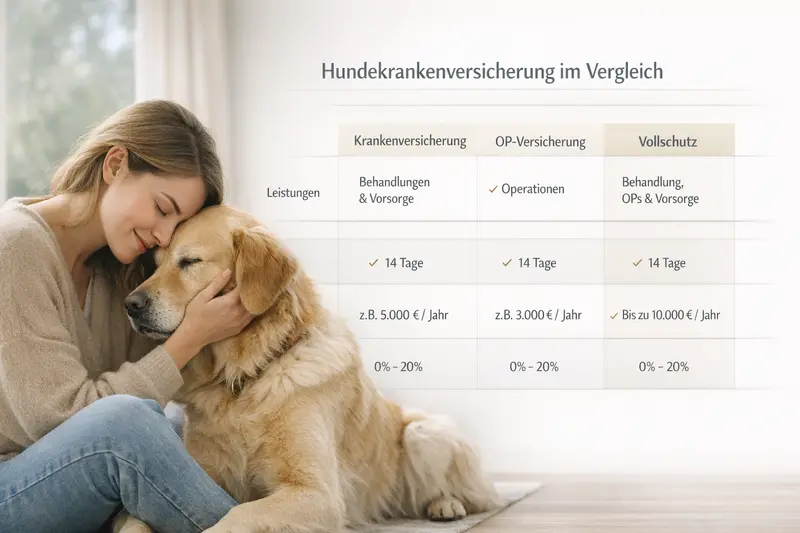 Infografik, die die Unterschiede zwischen Krankenversicherung, OP-Versicherung und Vollschutz für Hunde zeigt.