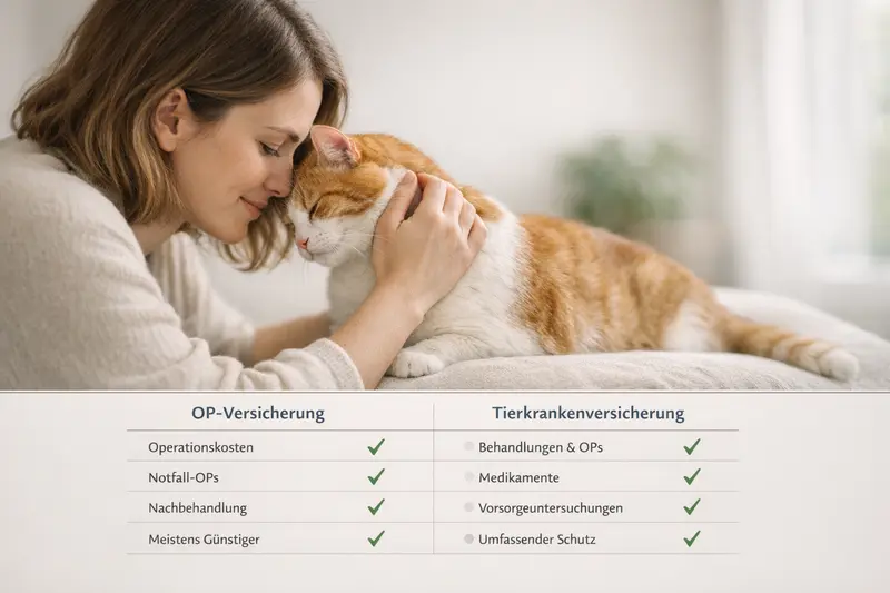 Infografik vergleicht OP-Versicherung und Tierkrankenversicherung für Hunde und Katzen.