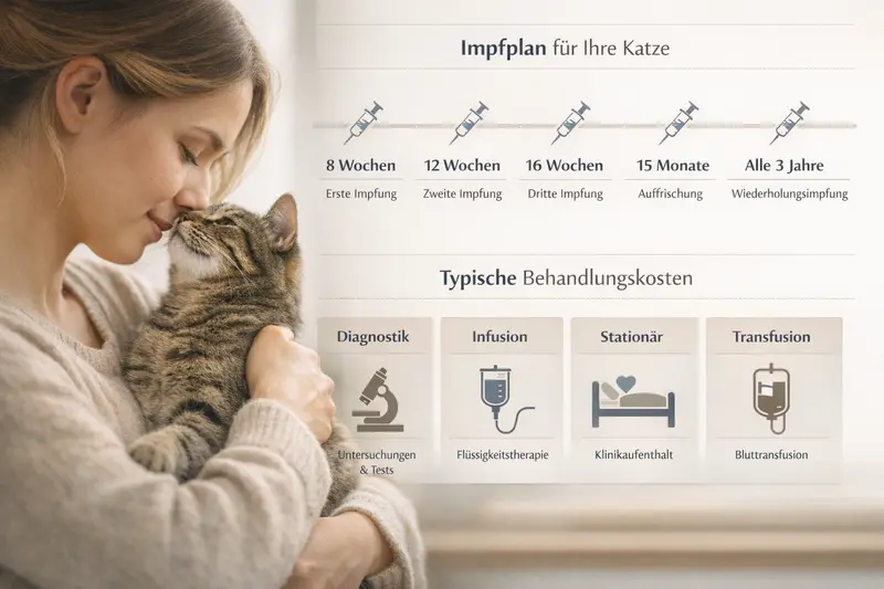 Eine Infografik zeigt den Impfplan für Katzen inklusive Kostenblöcken für Diagnostik und Behandlung.