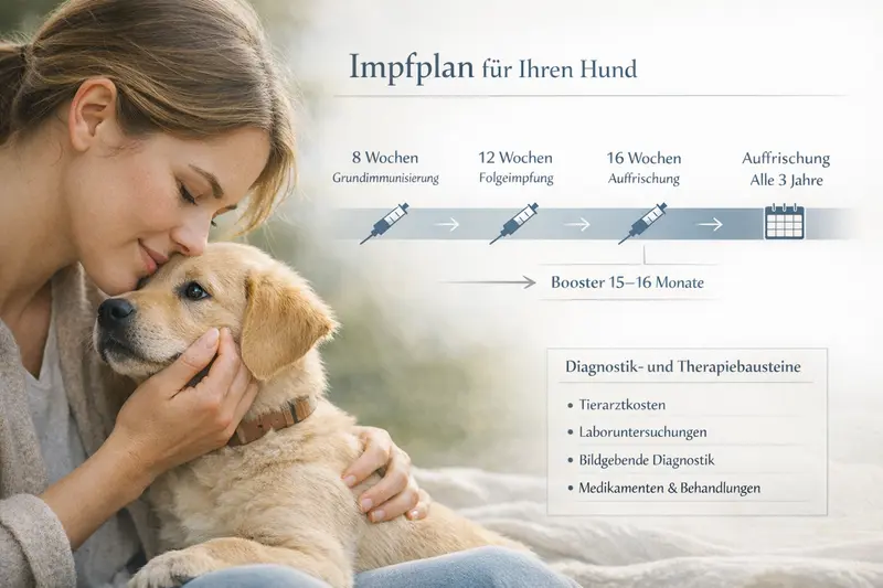 Infografik zum Impfplan für Hunde mit Zeitangaben und Therapiebereichen.