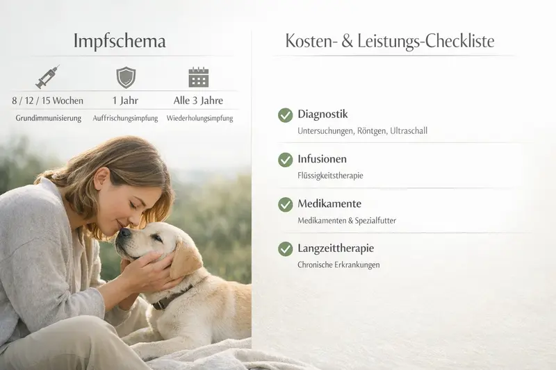 Infografik zum Impf- und Kostenplan für Hunde mit wichtigen Impfterminen und Behandlungen.