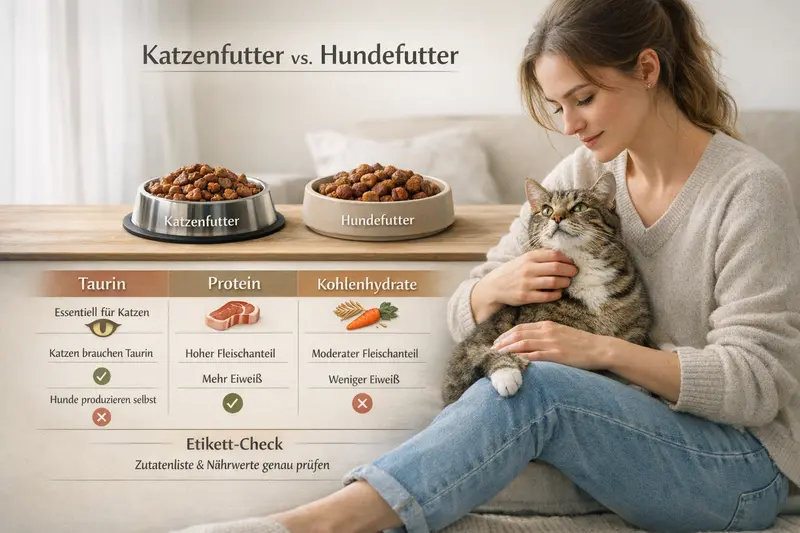 Infografik, die die Unterschiede zwischen Katzenfutter und Hundefutter zeigt, einschließlich Taurin, Protein und Kohlenhydraten.