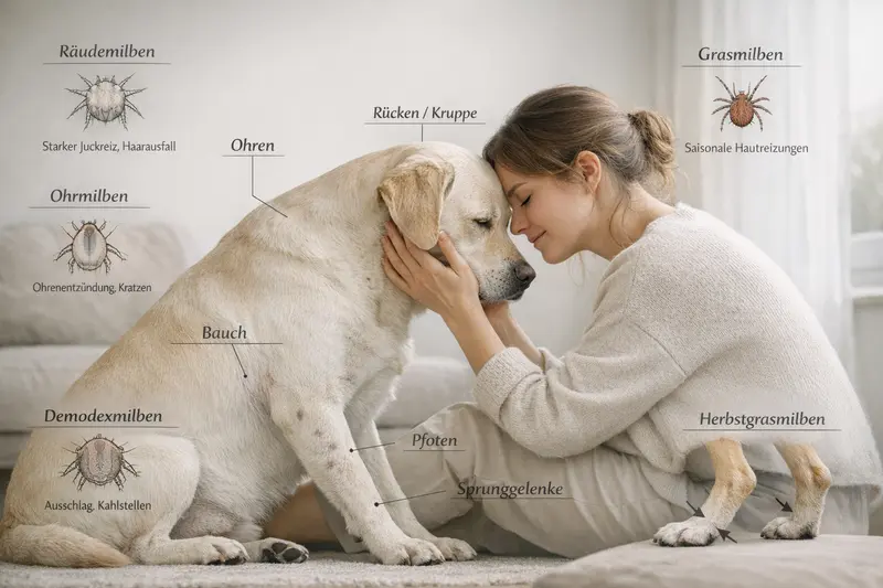 Infografik zeigt Körperzonen von Hunden mit typischen Milbenbefallsstellen wie Bauch, Pfoten und Ohren.