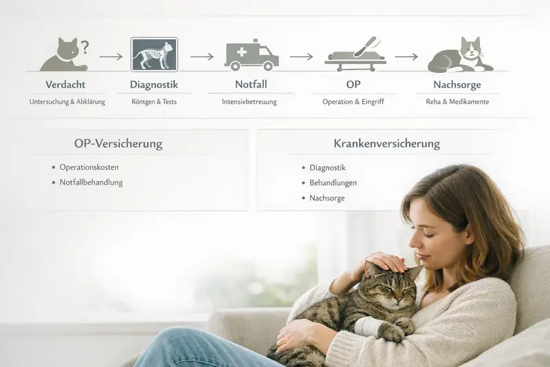 Infografik zeigt den Behandlungspfad einer Katze von Diagnostik über Notfall bis zur Nachsorge, verknüpft mit OP- und Krankenversicherung.