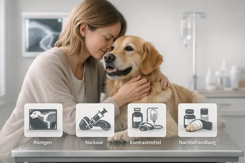 Infografik zu Kosten und Leistungen der Tierkrankenversicherung bei Hundebehandlungen, inklusive Röntgenbilder und Nachbehandlung.