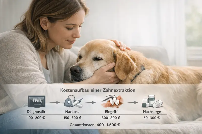 Infografik zum Kostenaufbau einer Zahnextraktion für Hunde, einschließlich Diagnostik, Narkose, Eingriff und Nachsorge.