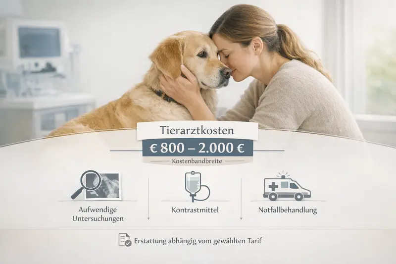 Infografik zur Kostenbandbreite von Tierarztbesuchen für Hunde einschließlich Kostentreibern.