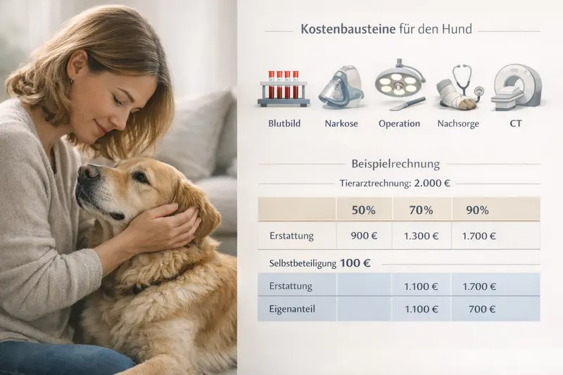Infografik zu Kostenbausteinen für medizinische Behandlungen bei Hunden, inklusive Beispielrechnungen für Versicherungen.