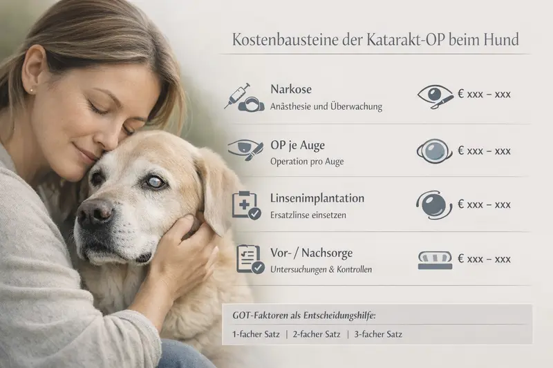 Infografik über die Kostenbausteine einer Katarakt-Operation bei Hunden, einschließlich Narkose, Operation pro Auge, Linsenimplantation sowie Vor- und Nachsorge.