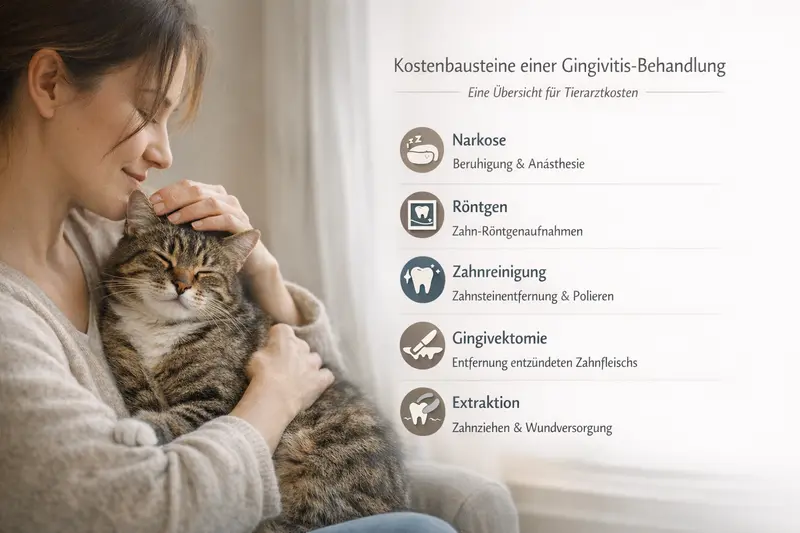 Infografik zur Gingivitis-Behandlung bei Katzen mit den Kosten für Narkose, Röntgen, Zahnreinigung, Gingivektomie und Extraktion.