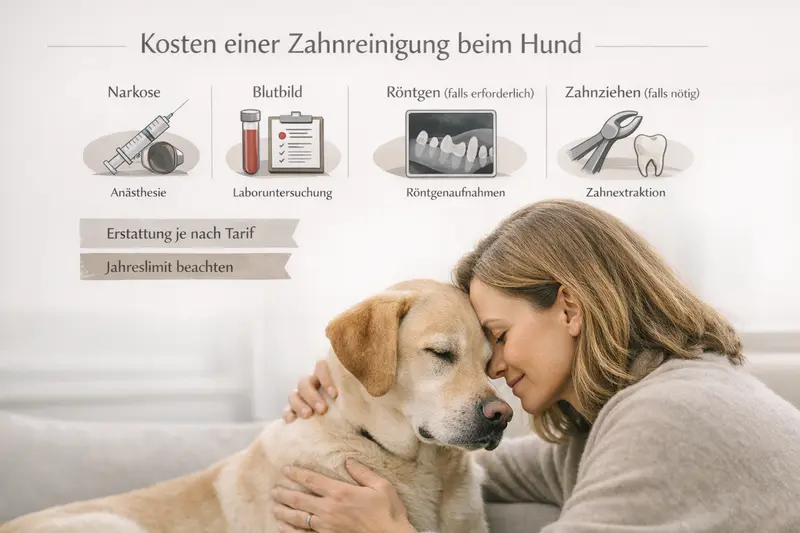 Infografik über die Kostenbestandteile einer Zahnreinigung für Hunde mit Narkose, Blutbild und Röntgen.
