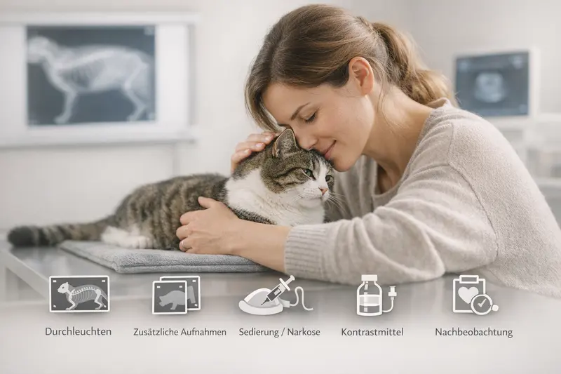Eine Infografik zeigt die Kostenbestandteile für das Röntgen von Katzen, einschließlich Durchleuchten, Sedierung und Nachbeobachtung.