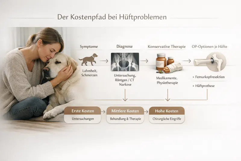 Infografik zeigt den Kostenpfad von Symptomen über Diagnose zu Therapieoptionen bei Hüftproblemen bei Hunden.