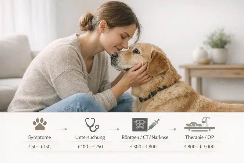 Infografik zeigt den Kostenpfad für hundetypische Symptome bis zur Therapie.