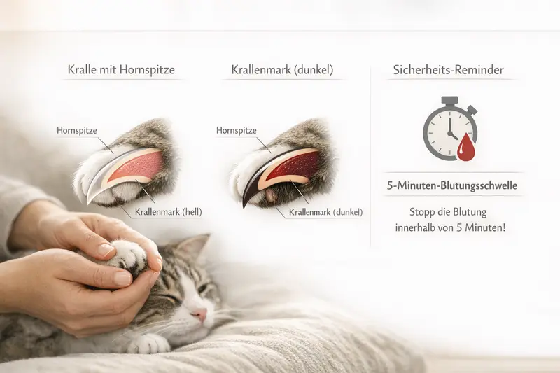 Infografik zeigt den Unterschied zwischen Kralle mit Hornspitze und Krallenmark bei einer Katze, inklusive 5-Minuten-Blutungsschwelle.
