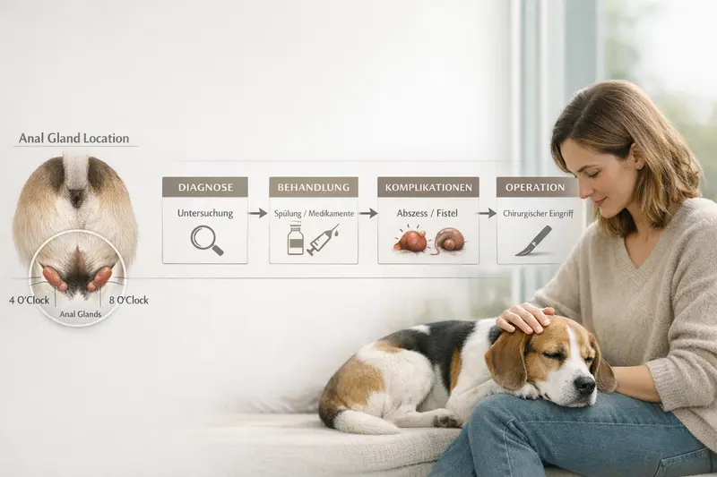 Grafik zur Lage der Analdrüsen von Hunden mit Diagnose- und Behandlungshinweisen.