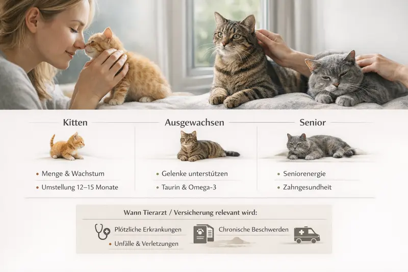 Infografik zu den Lebensphasen von Katzen mit Fütterungsfoki und Tierarzt-Hinweisen