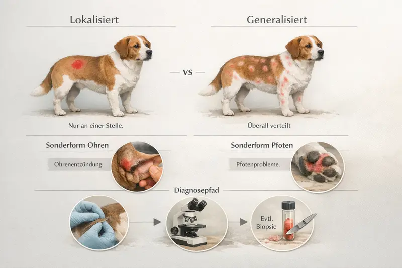 Eine informative Infografik, die den Diagnosepfad bei Hautproblemen von Hunden darstellt.