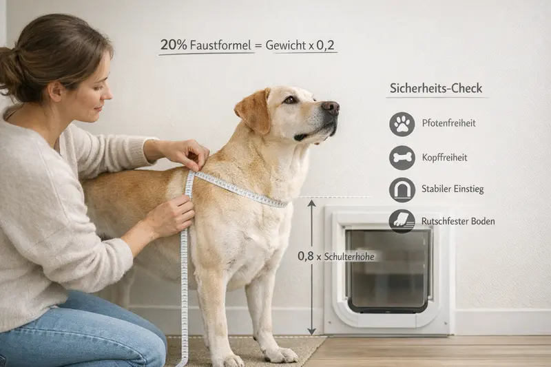Ein Hund wird gemäß der 20%-Faustformel für die richtige Größe gemessen und auf Sicherheitscheck-Punkte überprüft.