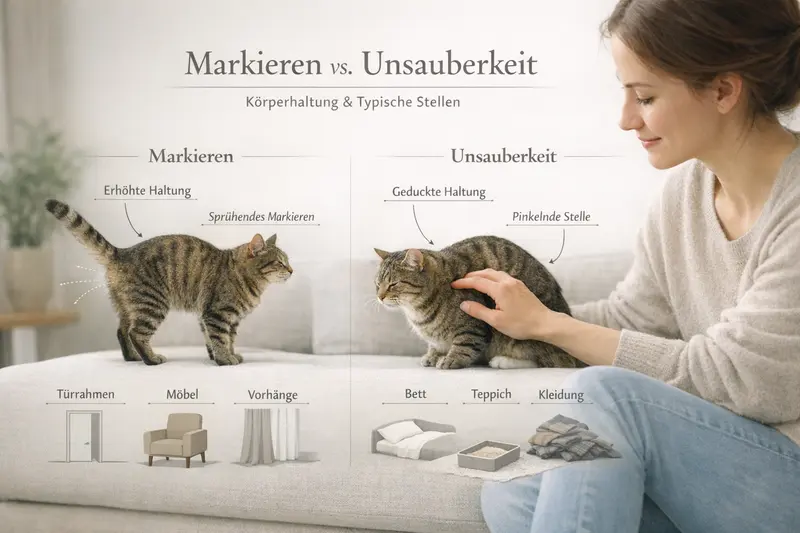 Katzen markieren mit typischen Körperhaltungen und bevorzugten Stellen im Vergleich zur Unsauberkeit.