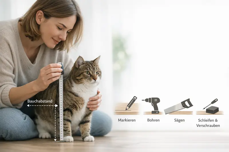Infografik zur Messung des Bauchabstands und der Einbauhöhe bei Katzen.