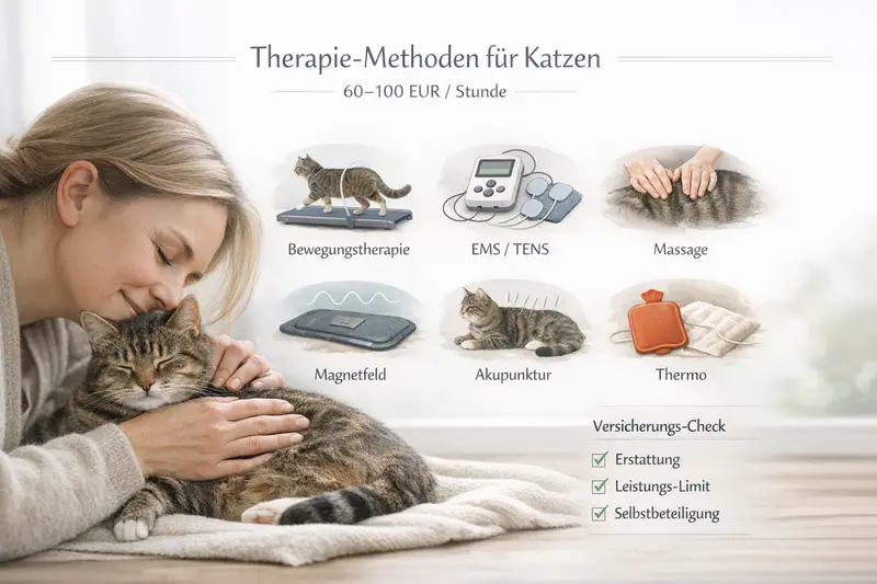 Infografik zu Bewegungstherapie und weiteren Methoden der tiermedizinischen Behandlung für Katzen.