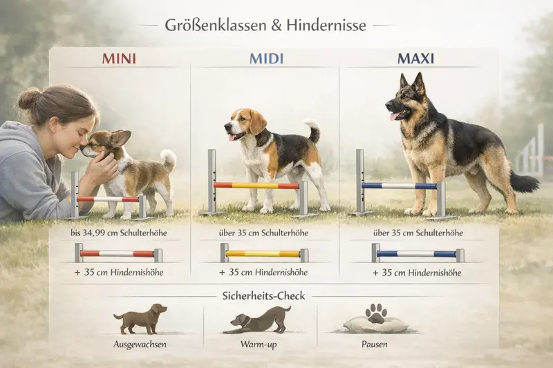 Infografik zu Schulterhöhen-Grenzen und Sicherheits-Checks für Hunde der Mini-, Midi- und Maxi-Klasse.