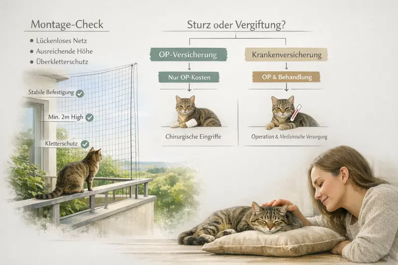 Infografik zur Montage-Check und Entscheidungsbaum für Katzenhalter bei OP- bzw. Krankenversicherung.