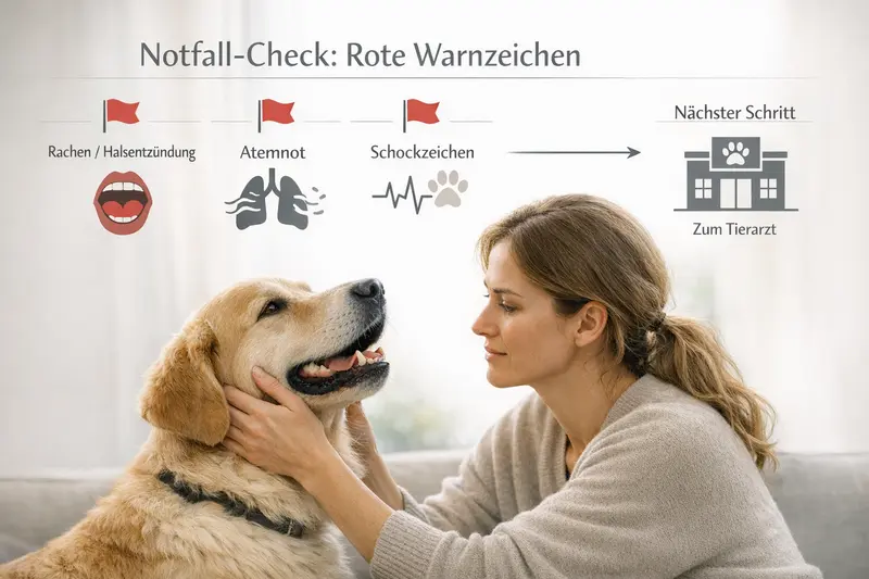Infografik zeigt Notfall-Check für Hunde mit roten Flaggen wie Atemnot und Schockzeichen.