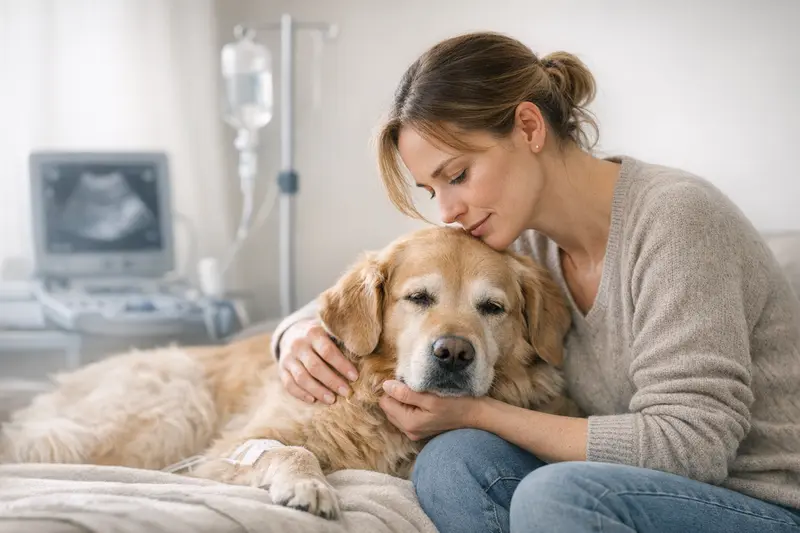 Infografik über offene und geschlossene Pyometra bei Hunden mit typischen Zeitfenstern nach Läufigkeit und Kosten für Ultraschall, Infusion und Operation.