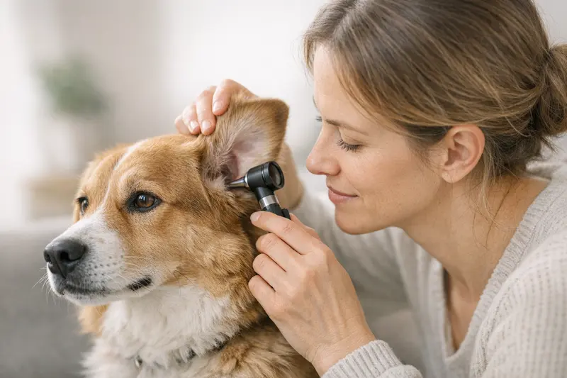 Infografik zu den Ohrabschnitten eines Hundes mit Diagnostik- und Therapiebausteinen