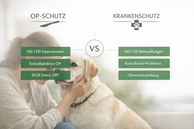 Infografik zu den Unterschieden zwischen OP-Schutz und Krankenschutz für Hunde mit spezifischen Risiken.