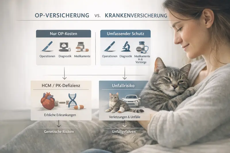 Infografik über OP-Versicherung und Krankenversicherung für Katzen mit Leistungsbausteinen und Risikobewertung.