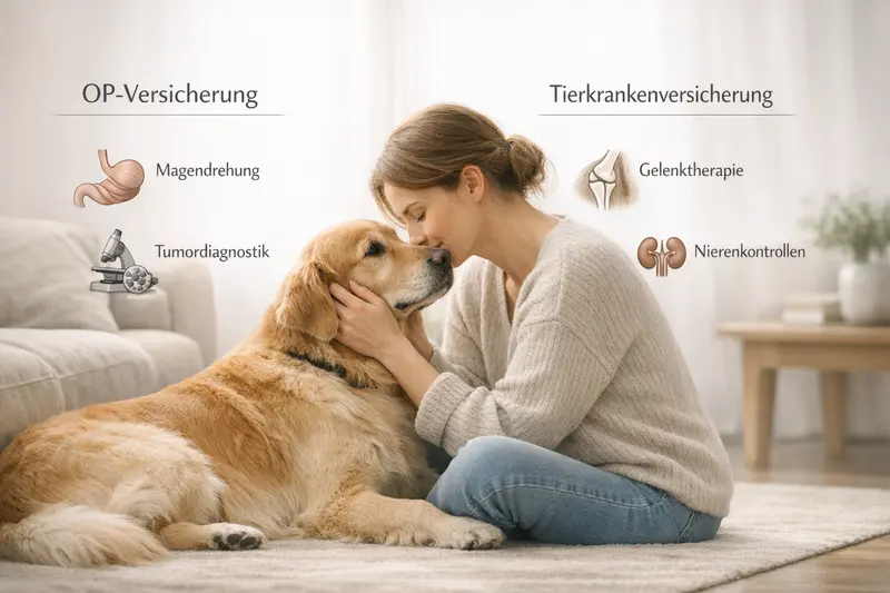 Infografik vergleicht OP-Versicherung und Tierkrankenversicherung für Hunde mit Beispielen wie Magendrehung und Tumordiagnostik.