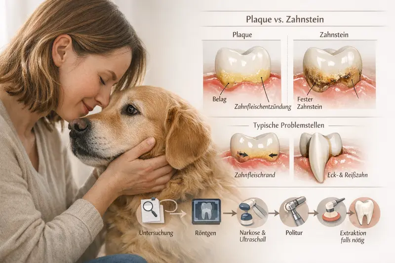 Infografik über die Unterschiede zwischen Plaque und Zahnstein bei Hunden sowie typische Behandlungswege.